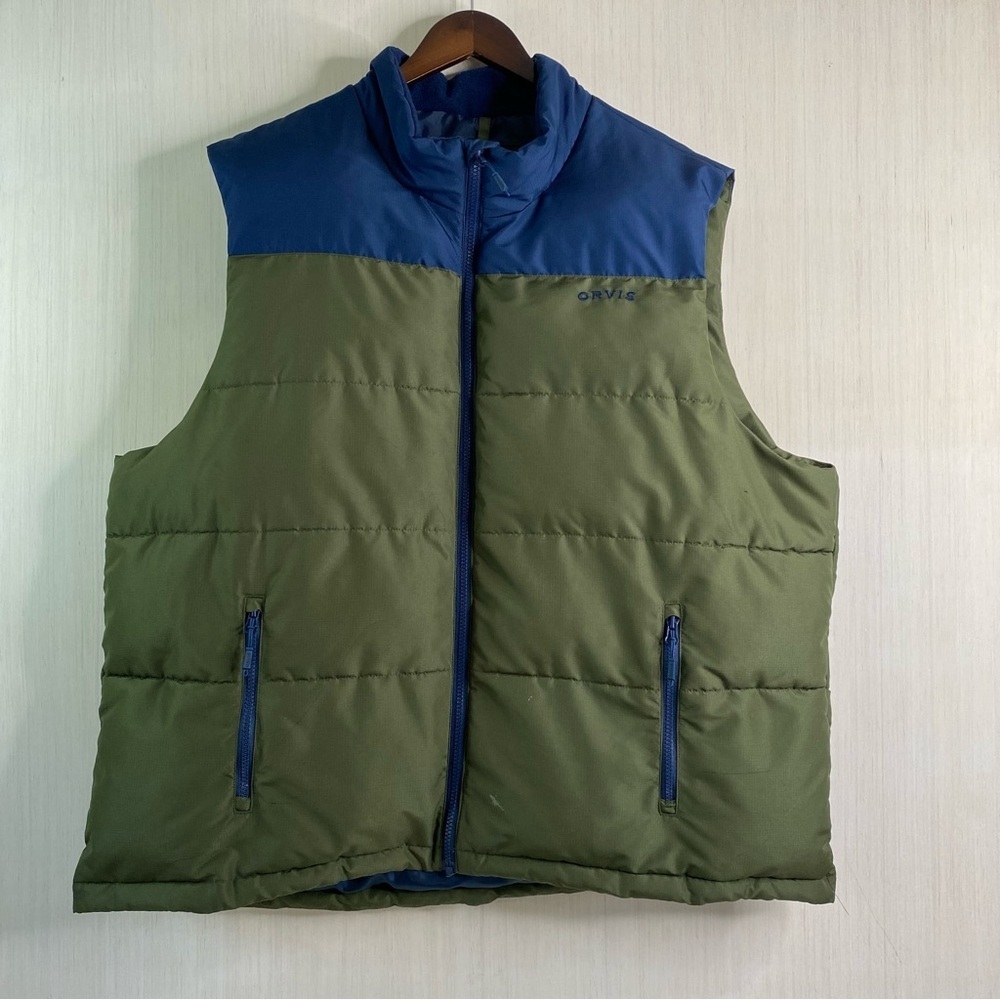 Orvis Men's Ripstop Full Zip Puffer Vest Pockets Blue/Green XXL (FLAWS)